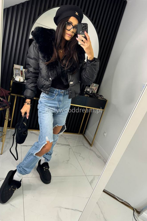 Kurtka pikowana z ozdobnymi guzikami i futerkiem MALWINA czarna 09