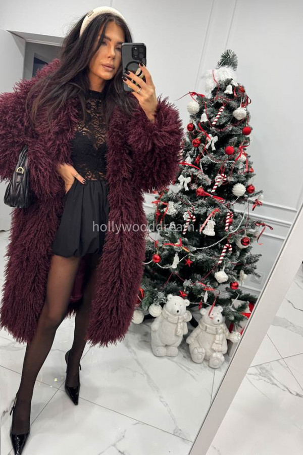 Futro długie z długim włosem GABI bordowe 09