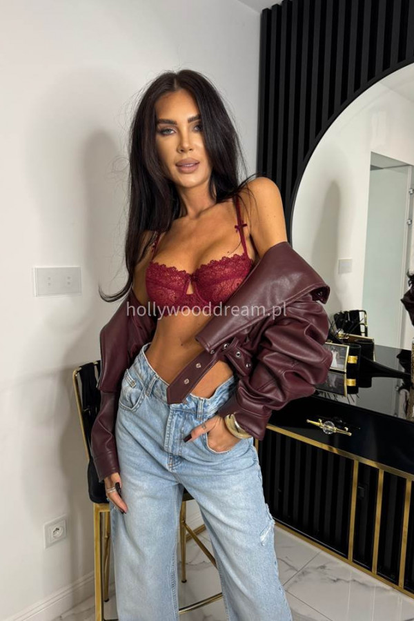 Biustonosz bardotka koronkowa z kokardkami DAFNIE burgundowy 89