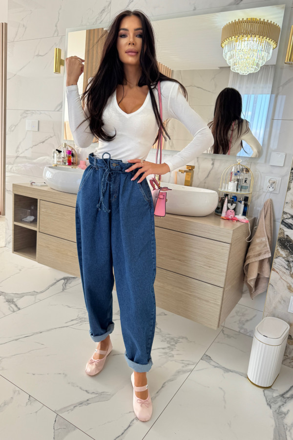 Spodnie jeans z wiązaniem 100% bawełna SARA ciemno niebieskie 38