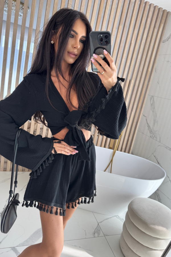 Komplet muślinowy z frędzelkami koszula+spodenki JORDAN czarny 173