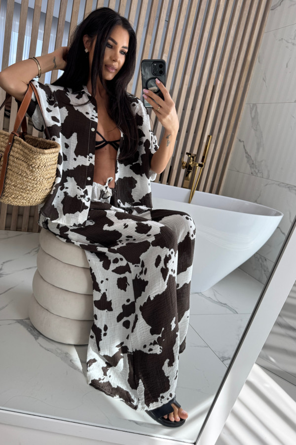 Spodnie szerokie we wzór łat RODEO kremowo-brązowe 02