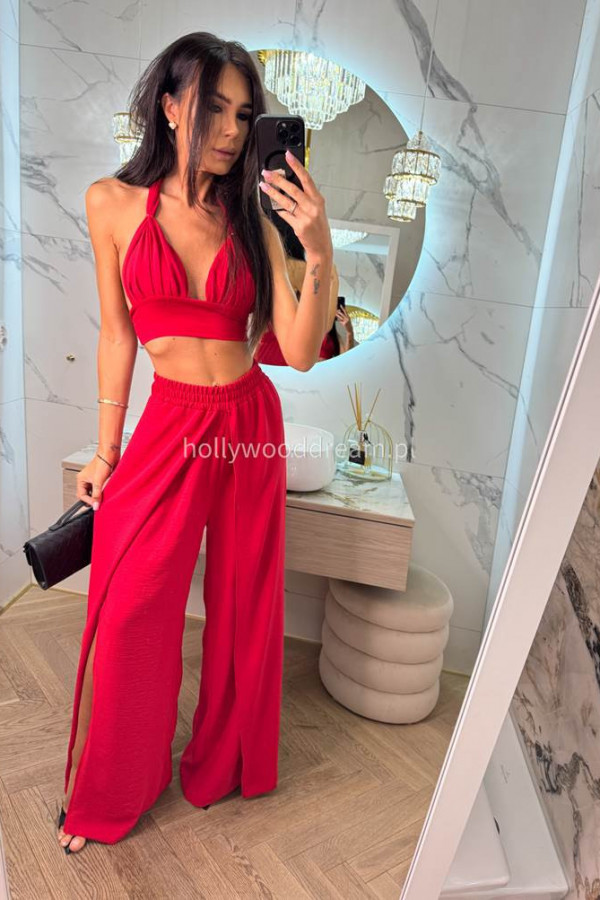 Komplet bawełniany top wiązany+spodnie z wysokim rozporkiem OFELIA czerwony 163