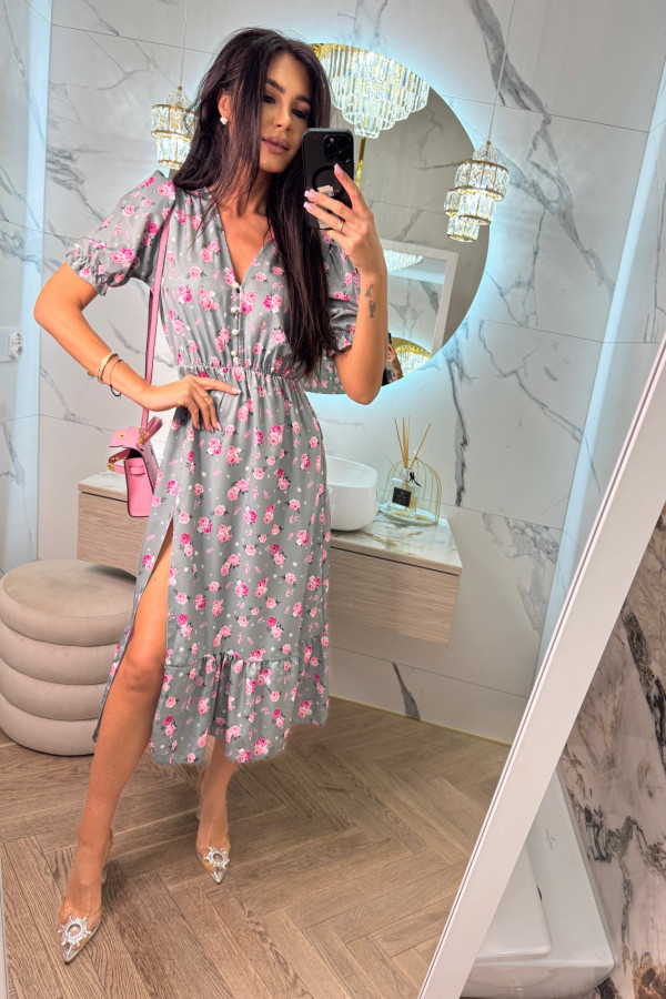 Sukienka midi na krótki rękaw Megan ciemno zielona w różowe róże 172