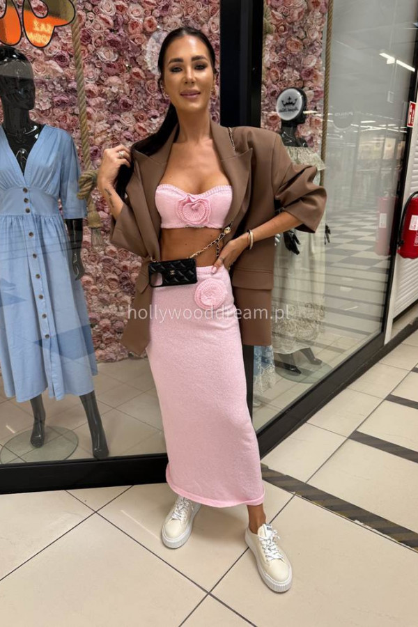 Komplet dzianinowy top + spódnica zdobiony różami Sia pudrowy róż 89