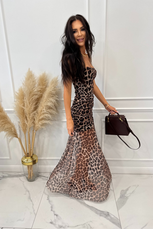 Sukienka midi siateczkowa z rozporkiem w print pantery ELENI brązowa 09