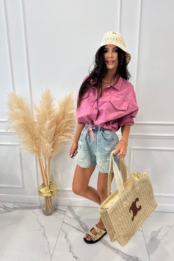 Spodenki jeans z gumką w pasie, różowym sznurkiem i przetarciami MIRO sprany jeans 06