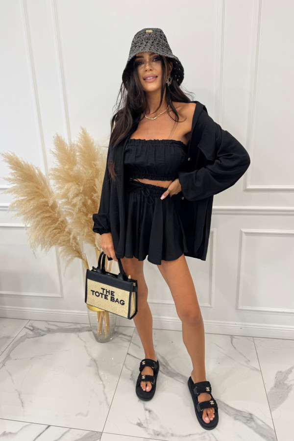 Komplet bawełniany 3-częściowy koszula+top+spodenki CITY BREAK czarny 163