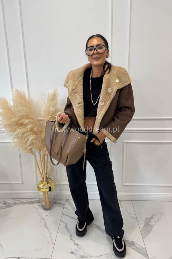 Kurtka zamszowa dwustronna z kożuszkiem czekoladowo-beżowa WENDY
