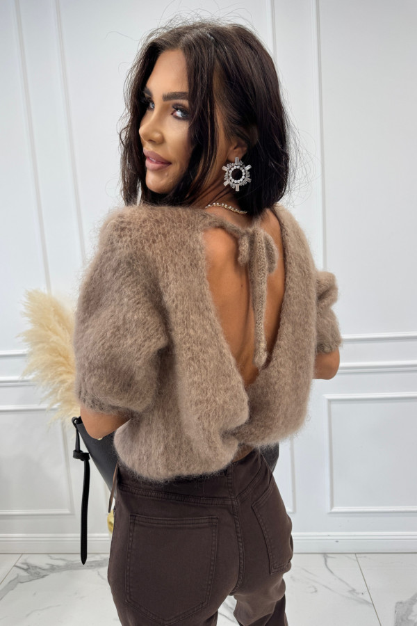 Sweter moherowy z krótkim rękawem i wycięciem na plecach mleczna czekolada PATI