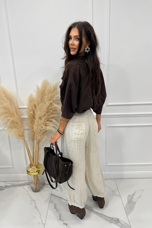 Spodnie alladynki na gumce 100% len jasny beż OLAF