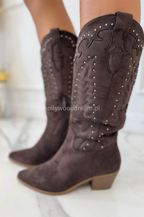 Buty kowbojki wysokie zamszowe we wzory i cyrkonie brązowe WESTERN