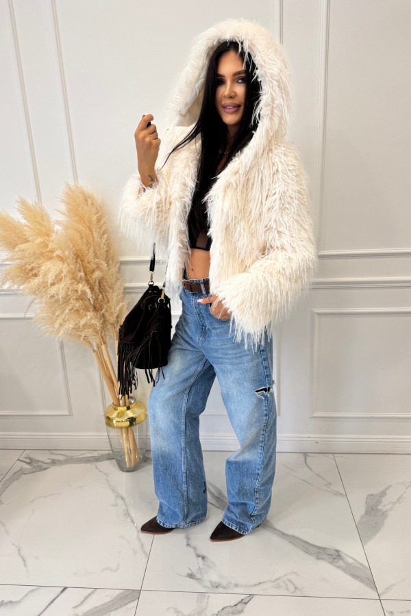 Futro z długim włosiem i kapturem kremowe LORENZO