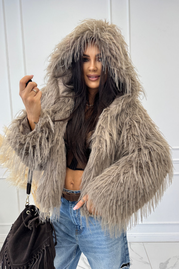 Futro z długim włosiem i kapturem mleczna czekolada LORENZO