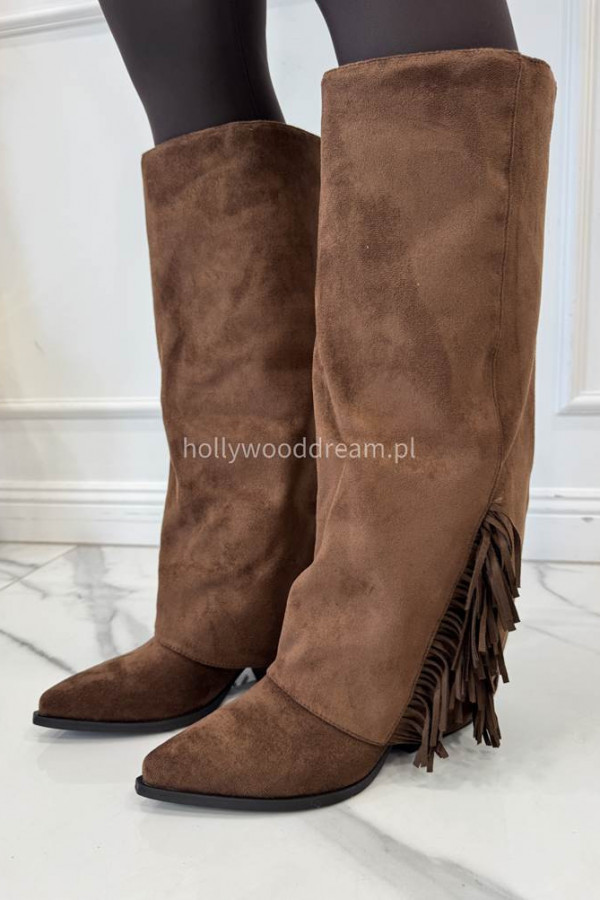 Buty kowbojki wysokie zamszowe z frędzlami brązowe HANK