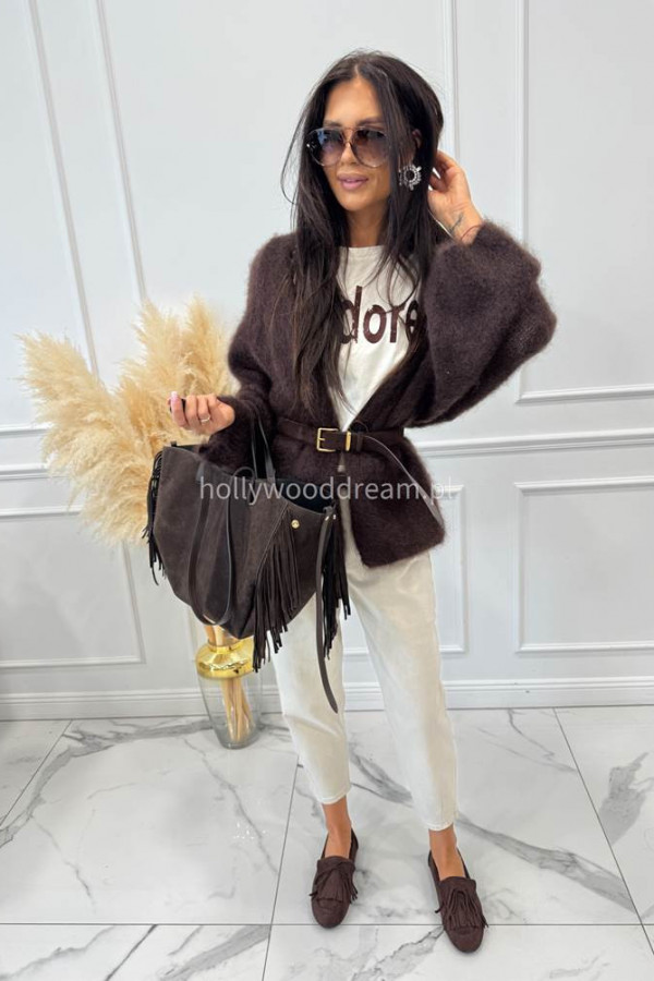 Kardigan krótki niezapinany moher czekoladowy PEPPY 06