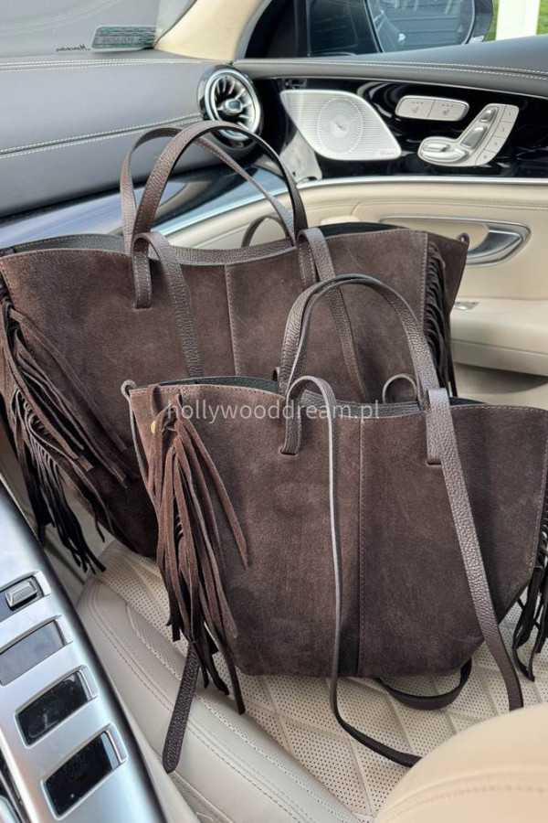 Torebka shopper zamszowa duża z frędzlami brązowa KAJA