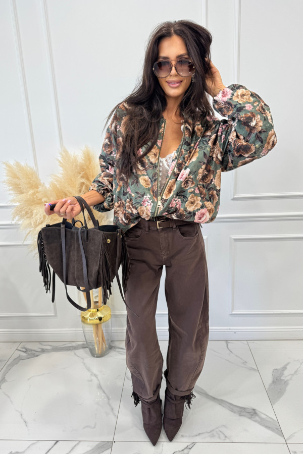 Kurtka bomberka a'la welurowa na zamek w kwiaty ciemno zielona BLOOM 52