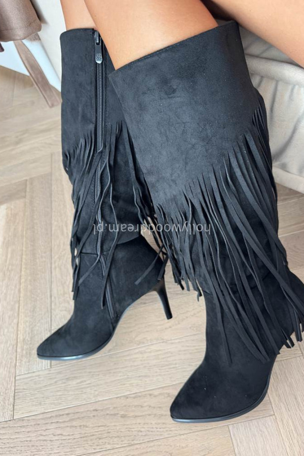 Kozaki zamszowe na obcasie z frędzlami długie czarne HERMAN