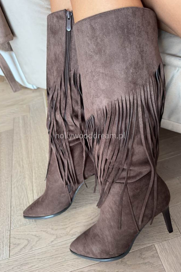 Kozaki zamszowe na obcasie z frędzlami długie czekoladowe HERMAN