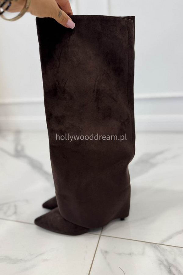 Kozaki z wywiniętą cholewką na szpilce zamszowe ciemny brąz ERNEST