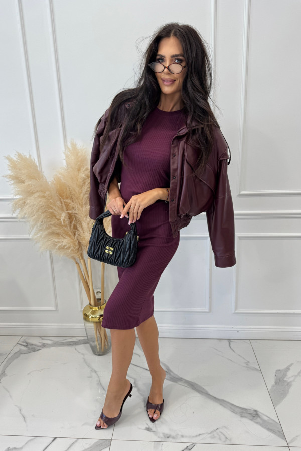 Sukienka midi dzianinowa na krótki rękaw prążkowana bordowa SANDRA 44