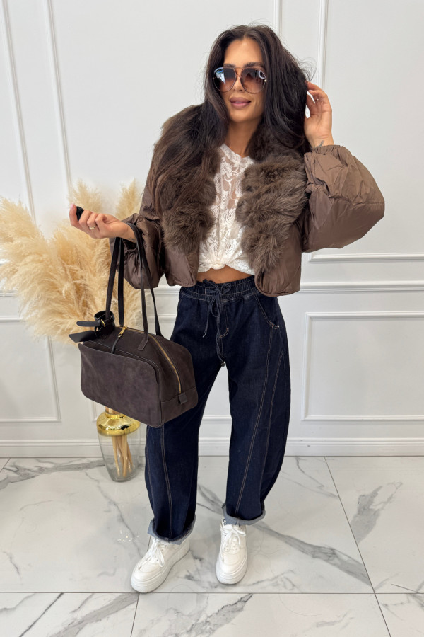 Kurtka krótka puchowa z odpinanym futrem czekoladowa z czekoladowym futrem TOMMY 37