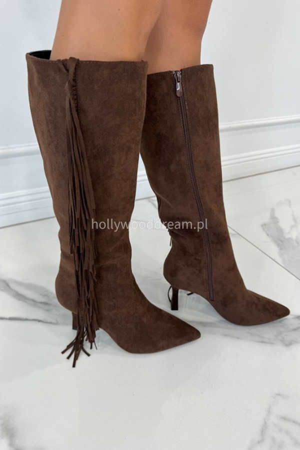 Kozaki z frędzlami na szpilce czekoladowe MODO