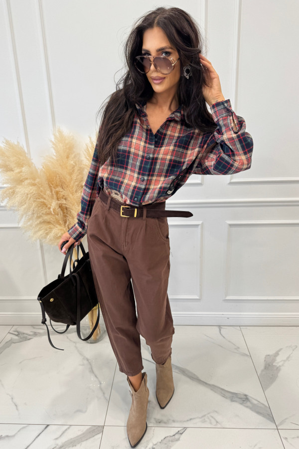 Koszula w kratę na długi rękaw z naszywkami czerwona NORA 191,52