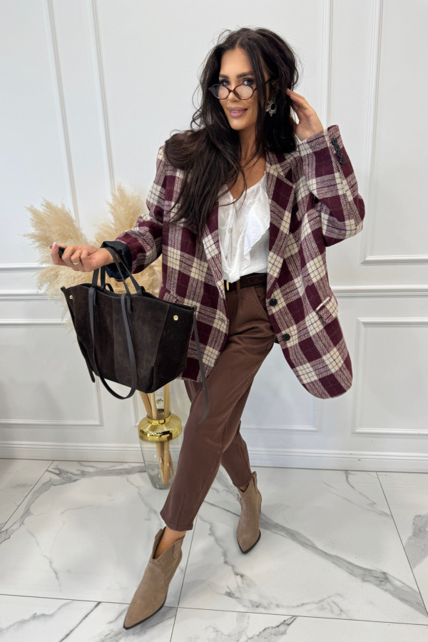 Płaszcz w kratę zapinany na dwa guziki bordowo kremowy VALENTY 06