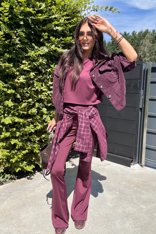 Komplet bluzka na krótki rękaw+ spodnie dzwony bordowy BILLY 17