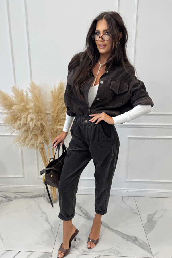 Spodnie sztruksowe z gumką w pasie ciemny popiel AMADEO 52