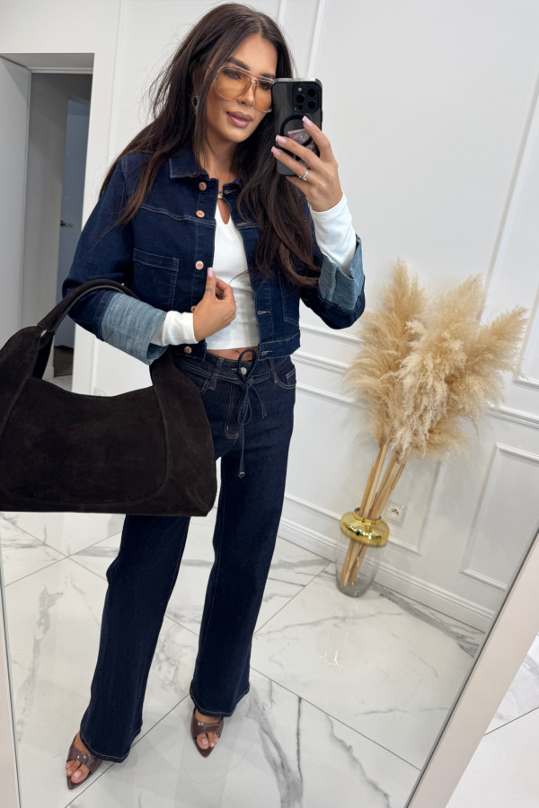 Kurtka jeans z wywiniętymi rękawami ciemny granat CLOE 193