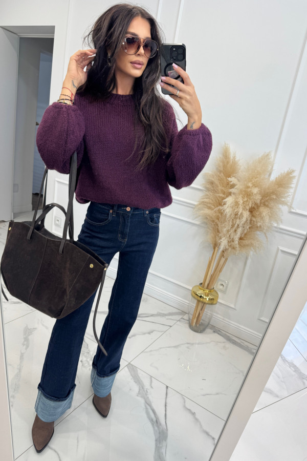 Sweter dziergany z opuszczonymi ramionami Vivien śliwkowy 94