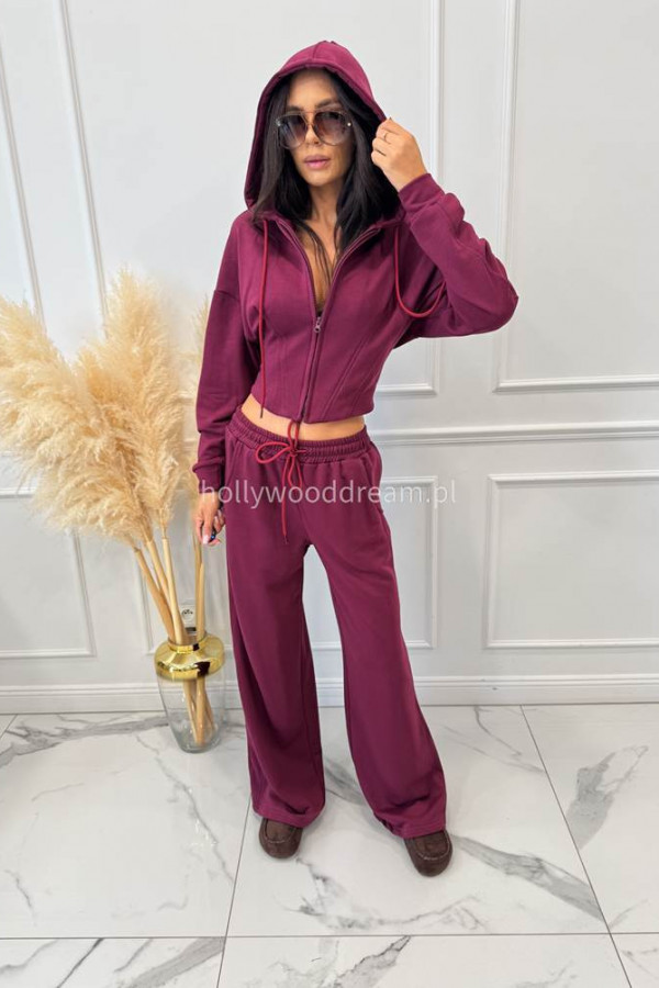 Komplet dresowy bluza rozpinana z kapturem+spodnie dzwony bordowy MAX 131