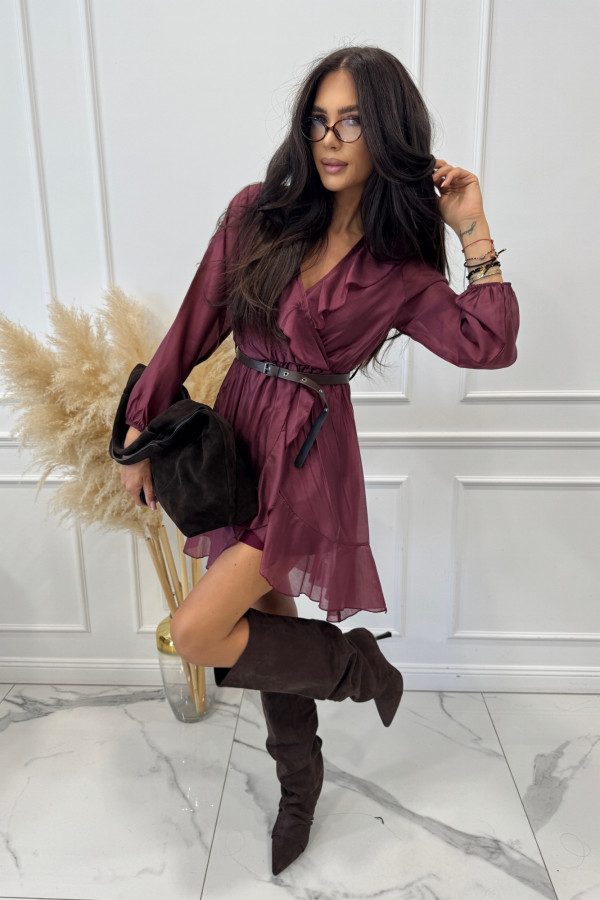 Sukienka przekładana z falbaną i paskiem bordowa IWONA 17