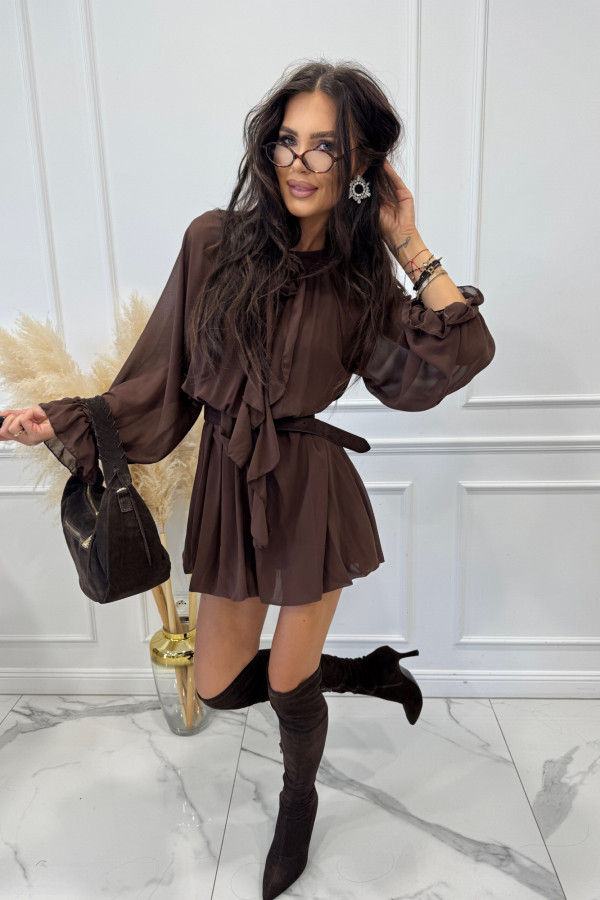 Sukienka mini szyfonowa z różą przy dekolcie czekoladowa Matea 17