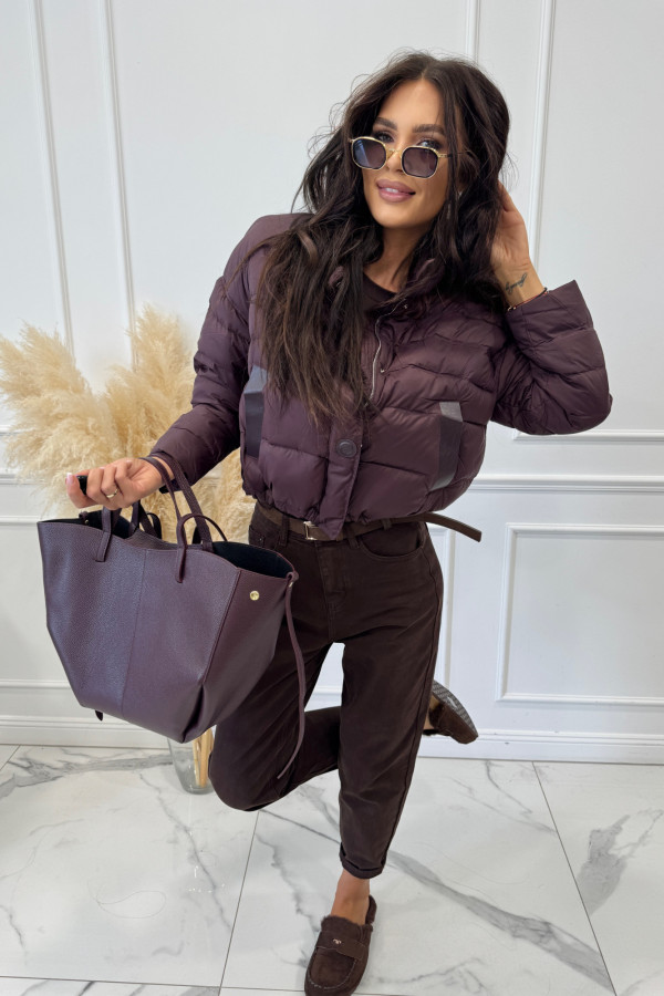 Kurtka krótka puchowa ze stójką i wstawkami z eko skóry bordowa MIA 37