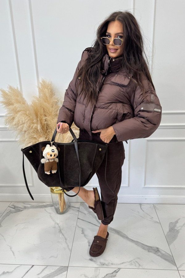 Kurtka puchowa z kapturem i wstawką z eko skóry czekoladowa MERRY 37