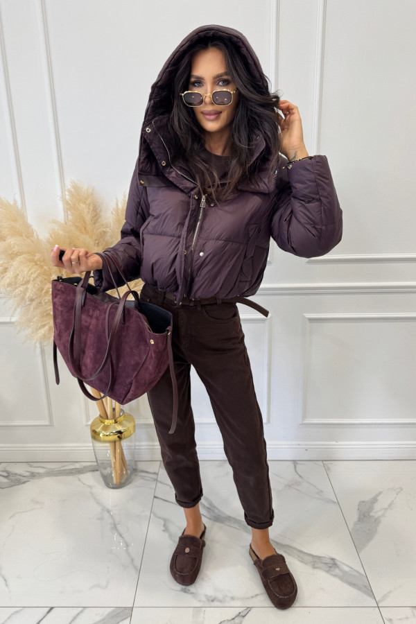 Kurtka puchowa z kapturem i wstawką z eko skóry bordowa MERRY 37