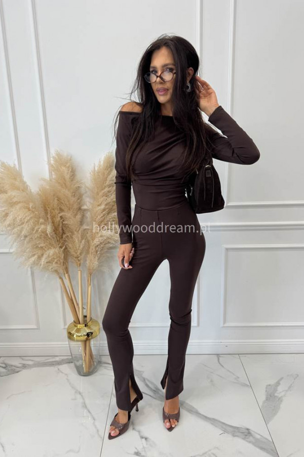 Legginsy dzwony z zamkiem na nogawce czekoladowe BELLON 171