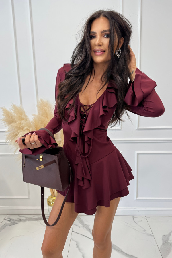 Sukienko-kombinezon z falbanami i wiązaniem bordowy ERYK 02