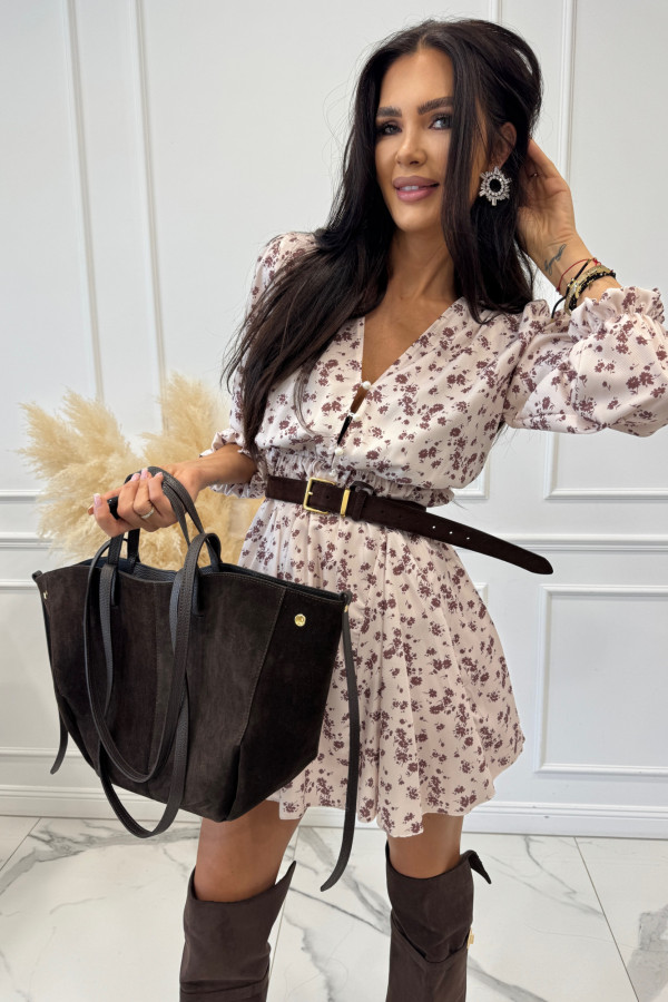 Sukienka mini na długi rękaw w brązowe kwiaty beżowa Musa 172