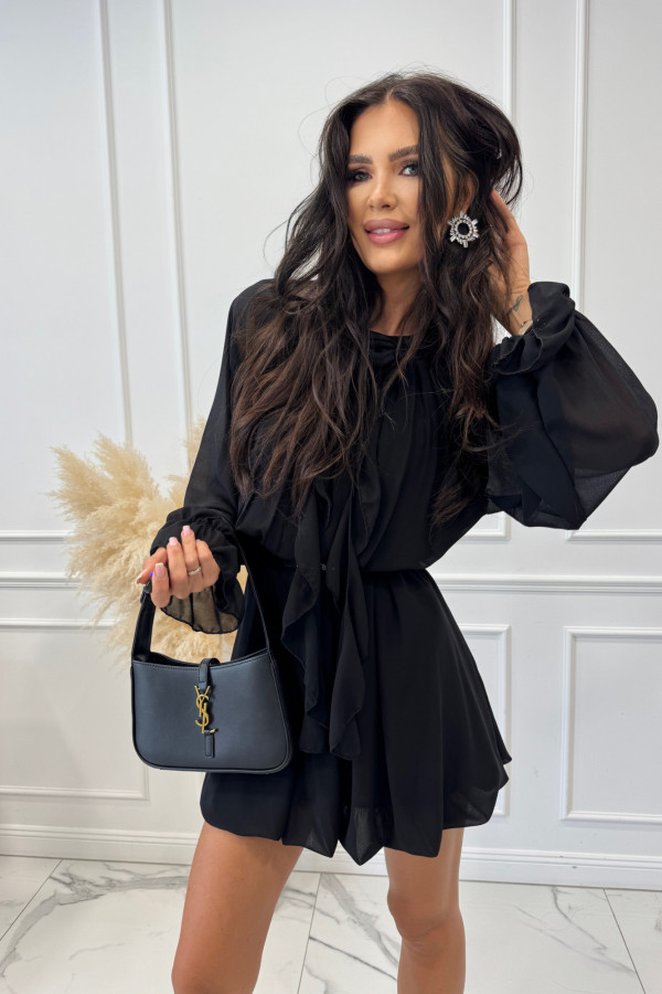 Sukienka mini szyfonowa z różą przy dekolcie czarna Matea 17