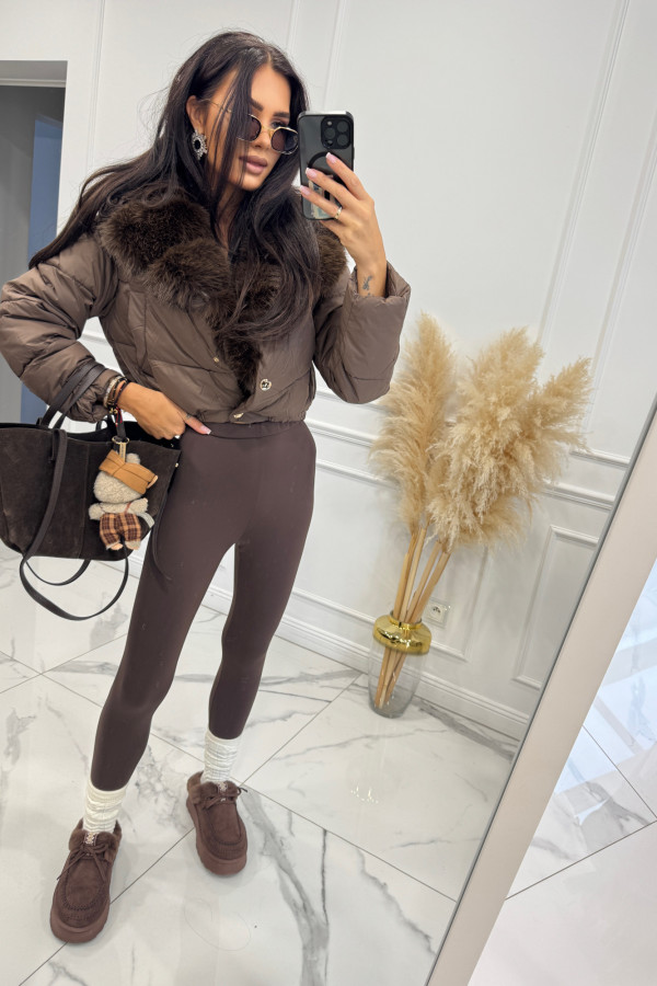 Kurtka krótka puchowa ze złotymi napami czekoladowa z czekoladowym futerkiem LUSIA 09