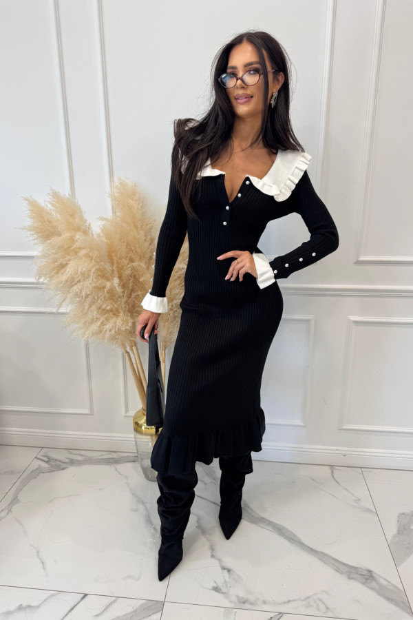 Sukienka midi dzianinowa z kołnierzem czarna AFRODYTA 09