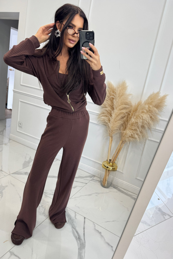 Komplet 3 częściowy bluza+ top +spodnie brązowy ADI 185