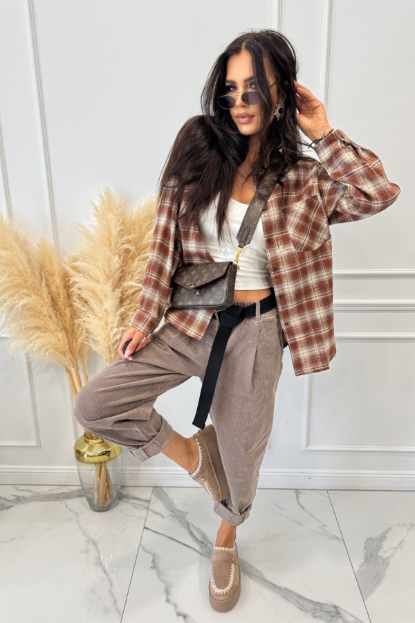 Miedziano-kremowa koszula w drobną kratę bawełniana z kieszenią PAULINA 06