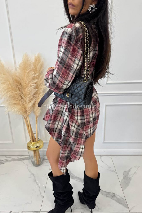 Bordowo-czarna tunika asymetryczna w kratę POLA 17