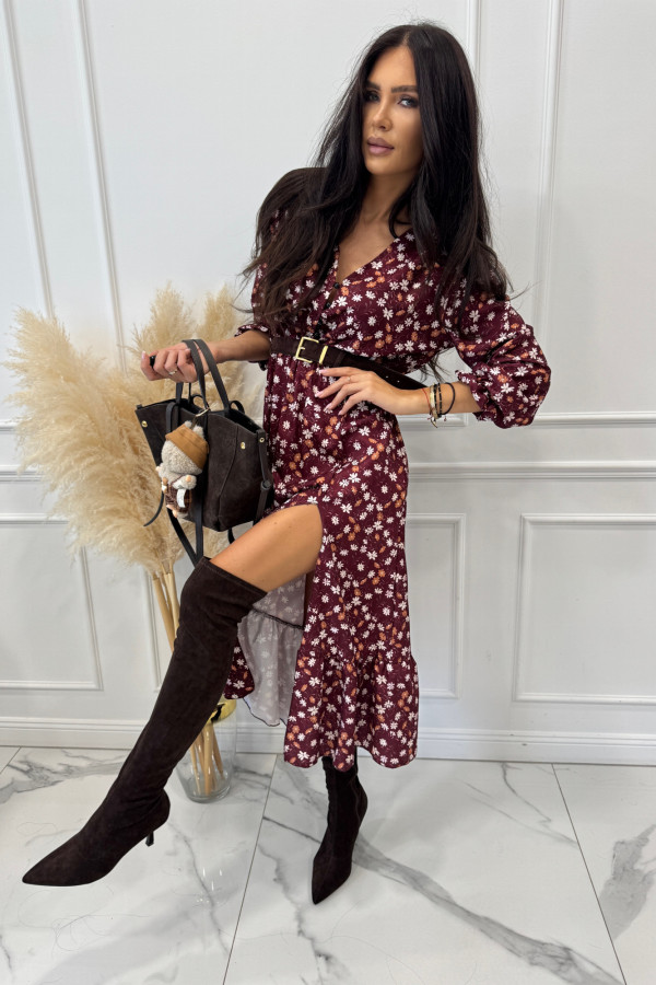 Bordowa sukienka w kolorowe kwiatki z guzikami na dekolcie Applejack 172